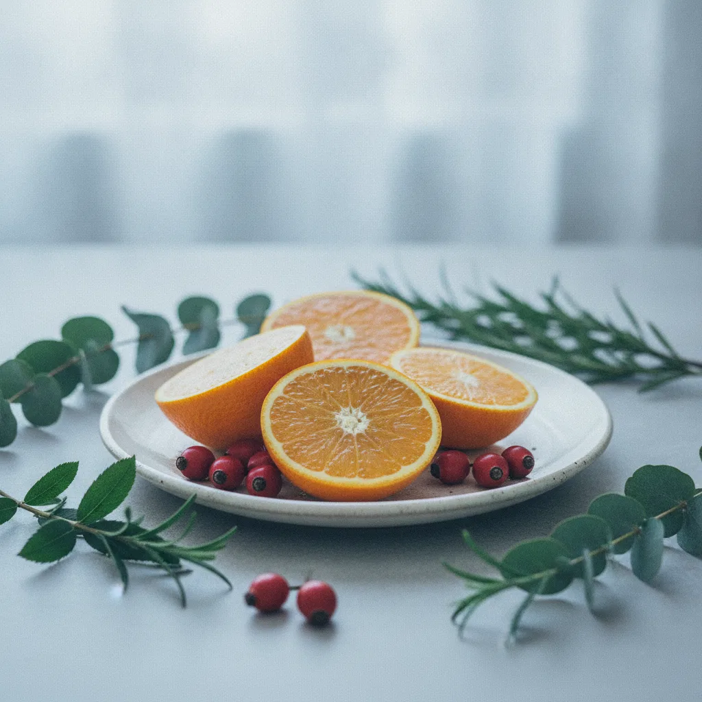 Fresh oranges and rosehip berries on a ceramic plate - vitamin C sources