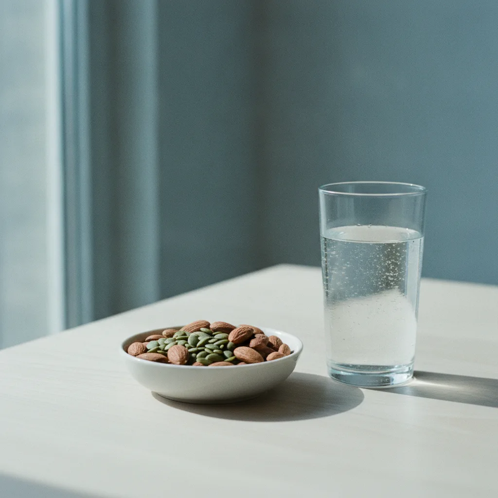 Small ceramic bowl of almonds and pumpkin seeds beside a glass of water on a wooden table