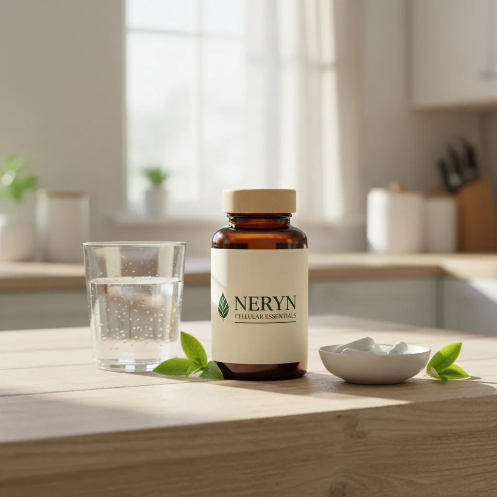 Neryn Cellular Essentials bottle on a kitchen table with a glass of water and almonds